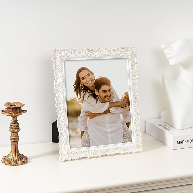 Axeman 8x10 Antique Picture Frame | Vintage 8 x 10 Picture Frame with Real Glass | Ornate Rose 8x10 Frame for Wall & Tabletop Display | Retro 8 x 10 Frame - White Gold
