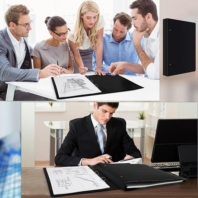 Resholder 2 Pcs 3 Ring Binder 11"x17" Binder Poly Panel Featuring 1" D Ring Fit 11" x 17" Paper Size for Store Artwork Poster Paper PP Material (Black)