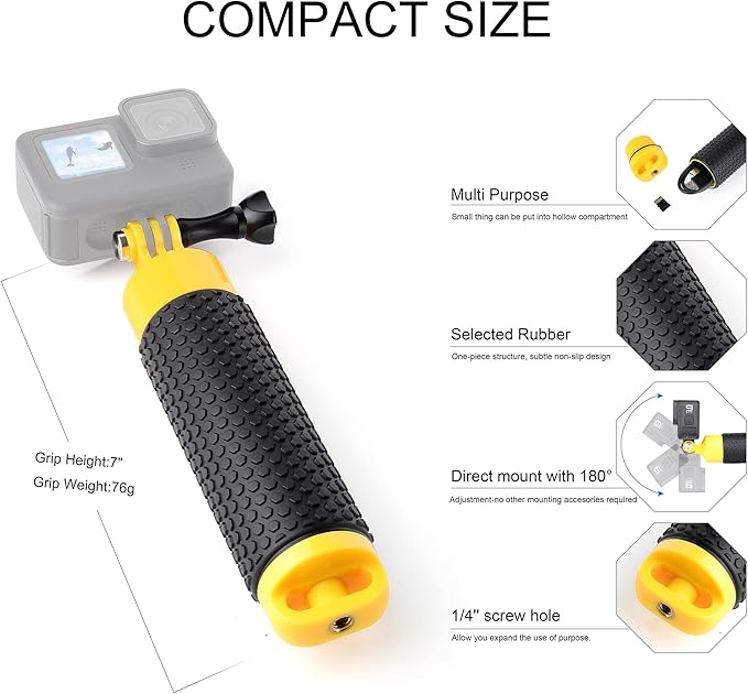 YALLSAME Floating Hand Grip Underwater Handle Mount with Detachable Tripod Stand for GoPro Hero 13 12 11 10 9 7 8 6 5 4 Max Mini Session DJI Action Camera Ideal for Diving Snorkeling Swimming Sport