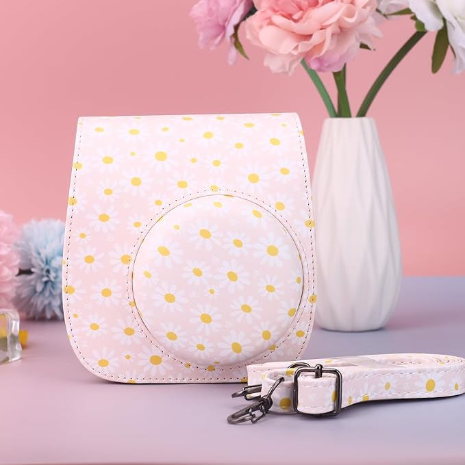 Frankmate Protective Case Fit for Fujifilm Instax Mini 12 11 9 8 Camera, PU Leather Camera Bag with Pocket and Adjustable Shoulder Strap (Pink Daisy)