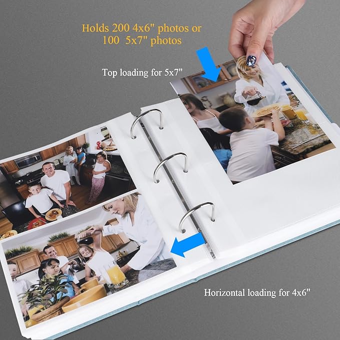 1DOT2 Photo Album 4x6 Photos Hold 200 or 5x7 Pictures Hold 100, 3 Ring Binder Photo Albums Linen Cover with 6-Tab Index Dividers Photo Book Acid Free Albums 4x6 5x7 for Family Wedding Baby (Cyan Blue)