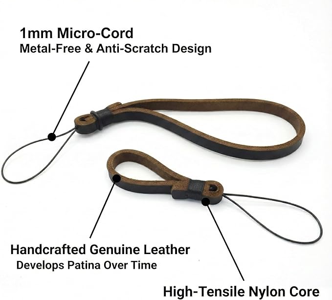 Genuine Leather Camera Wrist Strap for Fujifilm X100VI, Ricoh GR III - Hand Strap & Finger Loop Set (2-Pack) - Handmade Anti-Scratch Micro-Cord Lanyard for Compact Cameras