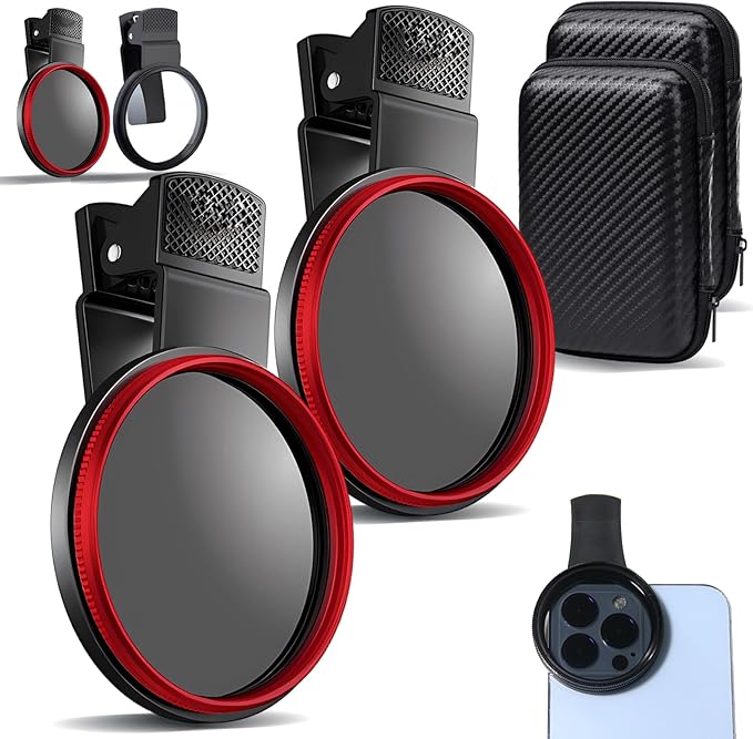 52mm Polarized Smart Phone, adjustments 52mm Polarizing Filter, Clip Design Phone Polarizing Lens, Featuring A Polarizing Filter & Variable ND Filters, for All Phones (Red,2PCS)