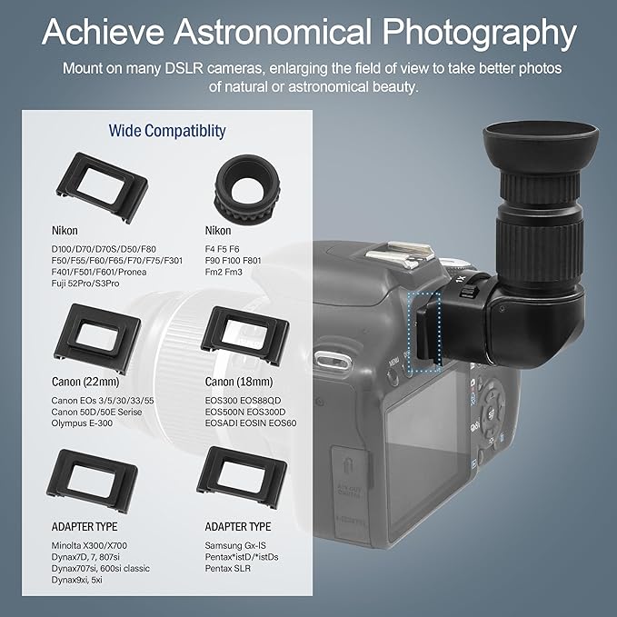 Astromania Right Angle Viewfinder 1X/2.5X Magnification with 6 Mounting Telescope Adapters for DSLR Cameras Such as Canon, Nikon, Pentax, Minolta, Dynax, Samsung, Olympus