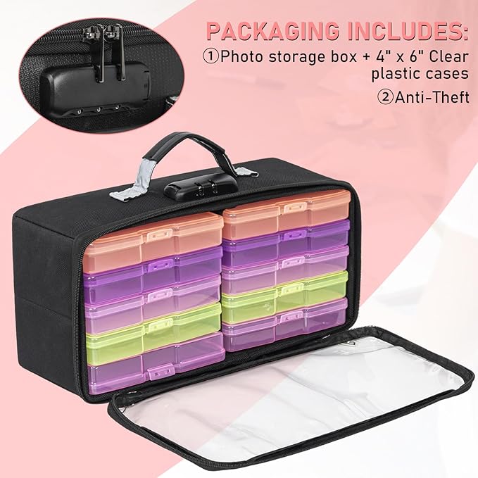 IBVIVIC Photo Storage Box with 10 Inner 4" x 6" Photo Case (Multiple Colors), Photo Box Organizer with Lock, Portable Photo Storage Containers with Transparent Cover