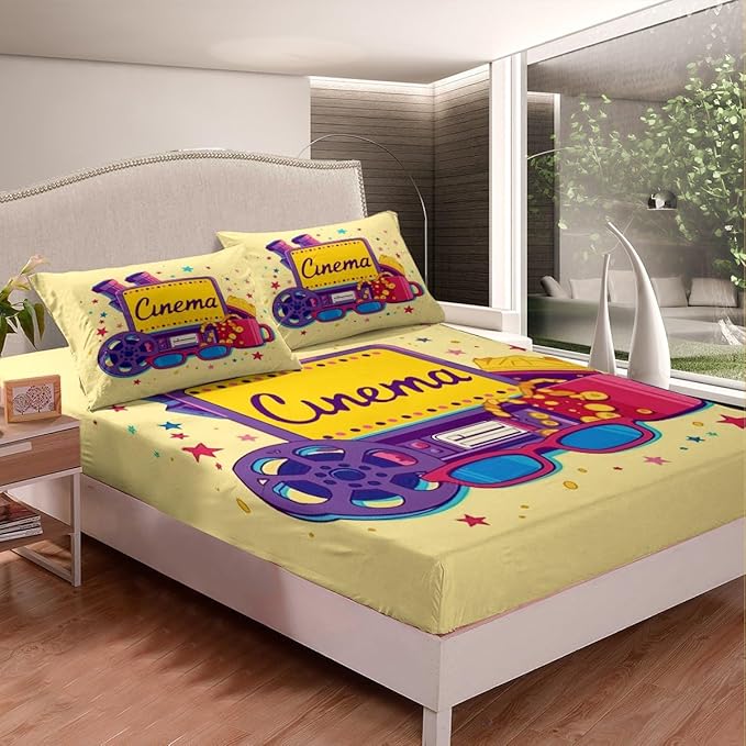 Erosebridal Movie Themed Bed Sheets Set for Boys Girls Family Movie Theater Decor Sheet Set Twin Size Film Lover Modern Sheets Home Theater Decor Fitted Flat Sheet 3 Pcs