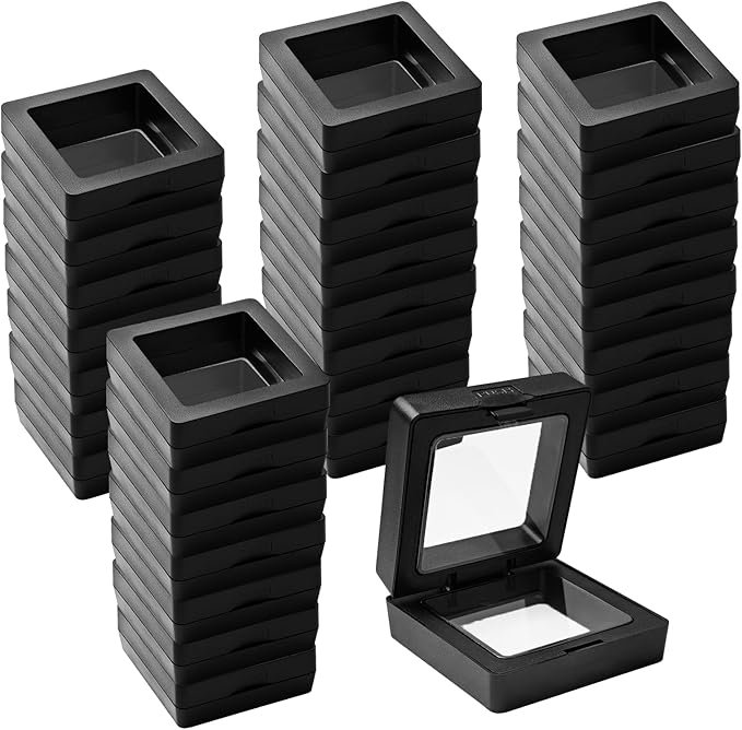 30PACK 3D Floating Frame Display Holder Stands PE Film Jewelry Storage Box Transparent Displays Cases for Medallion Challenge Coin Fossils Rocks,1.99 x 1.99 x 0.8 Inch
