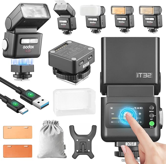 Godox IT32 TTL Camera Flash for Fujifilm with X5F Trigger & Diffuser kit,Magnetic Hotshoe & Trigger 2-in-1,2.4G Wireless,HSS 1/8000s,GN18,LED Modeling Lamp,Colorful Touch Screen,Rotatable Flash Head