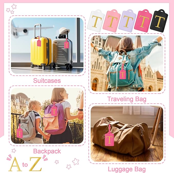 Initial Letter Luggage Tag for Suitcase, Cute Luggage Bag, Waterproof PU Leather Travel Luggage Tag, Suitcase Identifier Name Tag, Monogrammed Suitcases Tags, Bag Tags for Handbags(Rosered T)