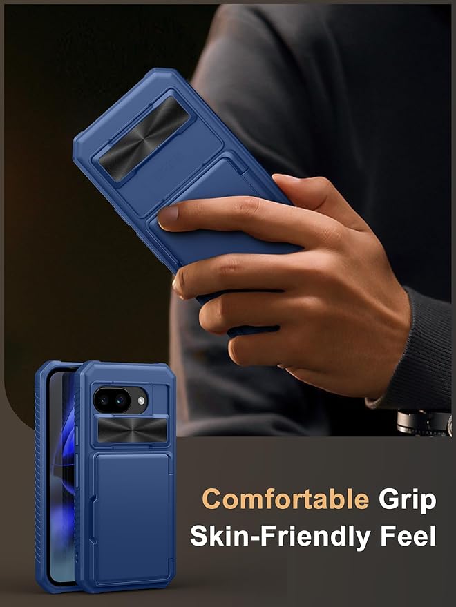 Vihibii for Google Pixel 9a Case with Card Holder (4 Cards), [RFID Blocking] & Slide Camera Cover, Military Grade Drop Protection, Heavy Duty Shockproof Wallet Case for Google Pixel 9a 2025, Blue