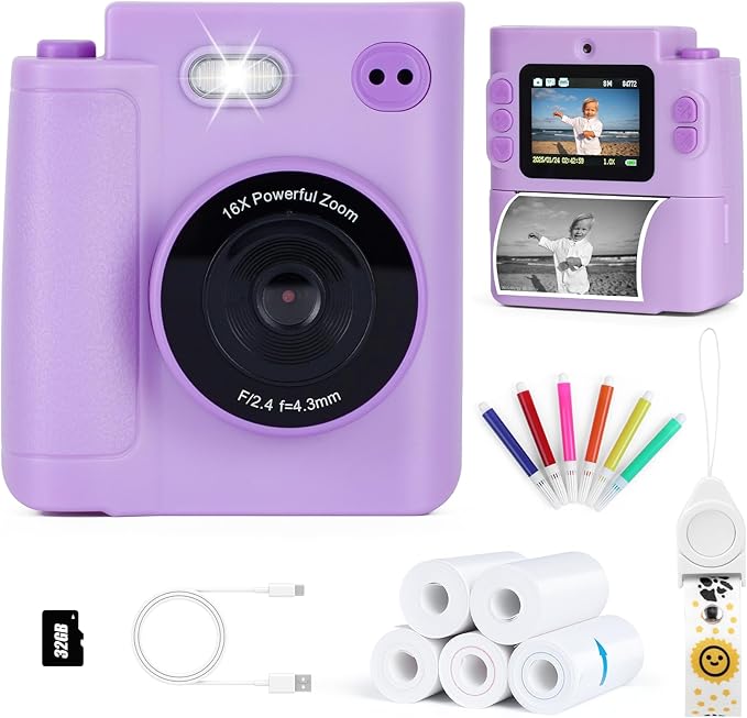 Kids Camera Instant Print, 1080P HD Dual-Lens Selfie Digital Camera with 5 Printing Paper Rolls & 32G TF Card, for Children, Portable Toddler Toy for Age 3-12 Boys & Girls (Purple)
