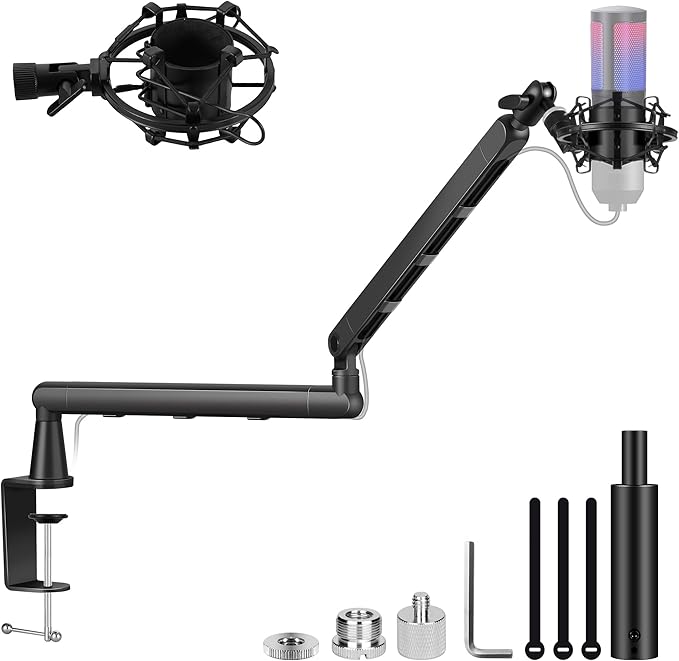 CAHAYA Mic Stand Boom Arm - Low Profile Adjustable Microphone Arm Stand with 3.5" Extension Pole Desk Clamp Screw Adapter for Streaming Gaming Compatible with Blue Yeti Shure SM58 SM48 Fifine K669B