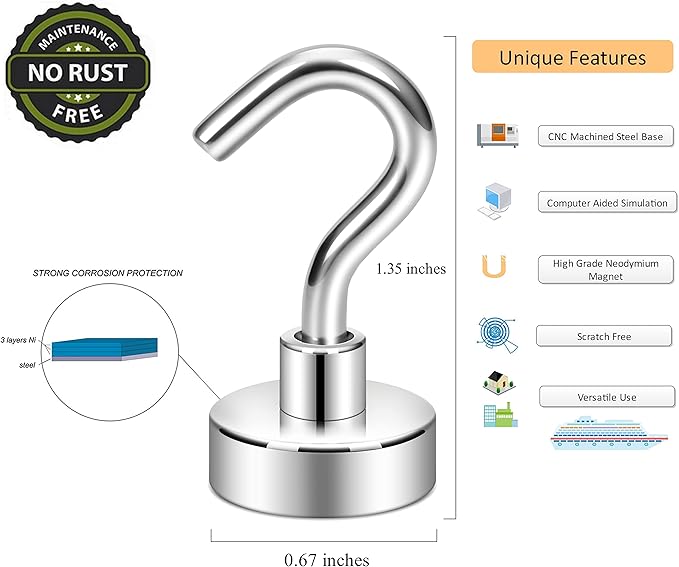 Neosmuk Magnetic Hooks, Cruise Ship Essentials, 30lb+ Heavy Duty Magnetic Hooks for Cruise Cabins, Refrigerator, Grill, Hanging, and Travel | Extra Strong Must-Haves Magnet Hook,Silver,5 Pack