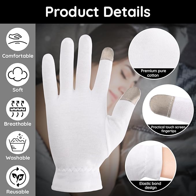 Segbeauty 12pcs Touchscreen Fingers Moisturizing Gloves, 6 Pairs Hand Gloves Moisturizing Overnight with Elastic Band for Women and Men, White Cotton Gloves Overnight Sleeing for Work Dry Hands Medium