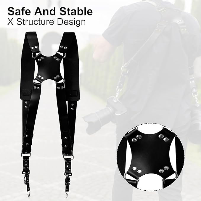 Double Camera Strap, Shoulder Camera Strap Harness Leather Dual Camera Strap for Two DSLR/SLR Cameras, Adjustable