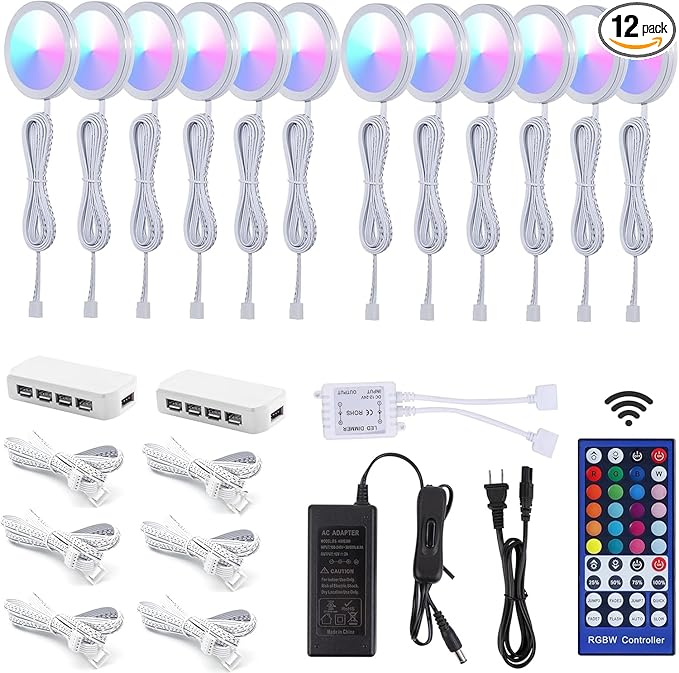 Under Cabinet Lights, RGBW Ultra Slim Puck Lighting Kit 12 Pack, Dimmable Counter Showcase Kitchen Lighting Fixtures, Puck Lights with Remote and 12V Plug in Adapter