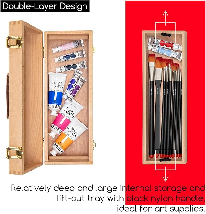 MEEDEN Medium Art Supply Storage Box - Multi-Function Solid Beech Wooden Chest/Art Tool Box with Lift Out Trays for Paint Brush, Pencil, Pastel, and More Art Supplies 14-1/5"W × 5-1/8"D × 4-1/3"H