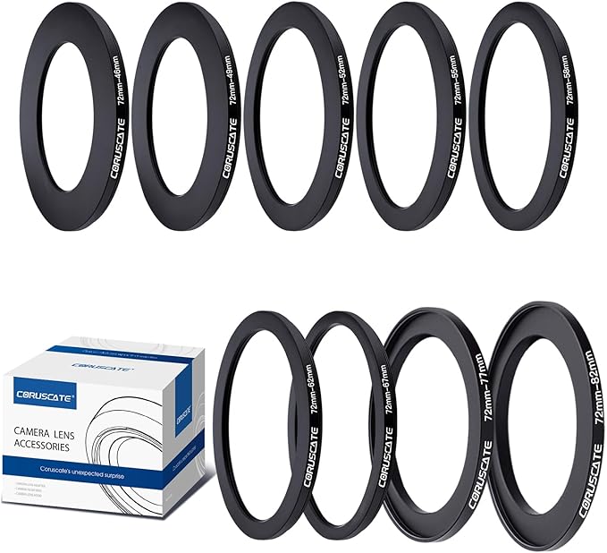 9Pcs 72mm Filter Ring Adapter Set,Filter Metal Stepping Rings for All Brands UV ND CPL 72-46mm,72-49mm,72-52mm,72-55mm,72-58mm,72-62mm,72-67mm,72-77mm,72-82mm