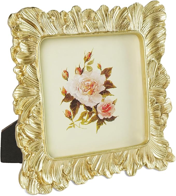 Cuspin 5x5 Picture Frame Gold Frames, Vintage Ornate Frame Palm Leaves Textured Hand-Crafted Resin with Glass Front, Elegant Retro Photo Frame for Wall Hanging and Tabletop Display Home Decor