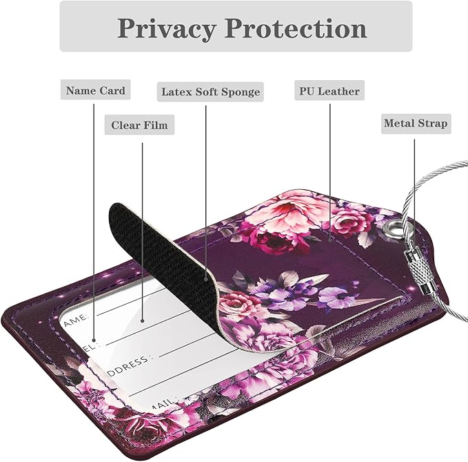 (Set of 2) Luggage Tag Leather Privacy Cover ID Label Address Card with Stainless Steel Loop, Travel Bag Tags Suitcase Labels, Purple Flowers