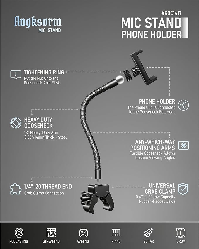 KBC1417 Mic Stand Phone Holder, Heavy-Duty Gooseneck Phone Holder with Super Clamp & Universal Phone Mount, Adjustable 360° Flexible Arm Clip for Mic Stand, Music Stand, Tripod, 9-INCH