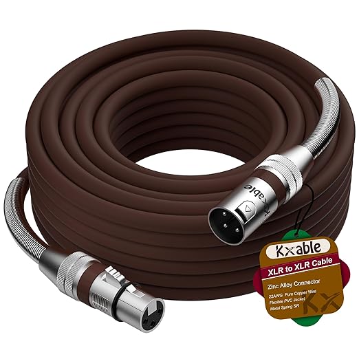 XLR Microphone Cable 30 FT, XLR Male to Female Balanced Mic Cable, 3-Pin Shielded Speaker Cord, Zinc Alloy Connectors, 22AWG Pure Copper, Metal Spring SR, Recording Studio, Podcast, Brown