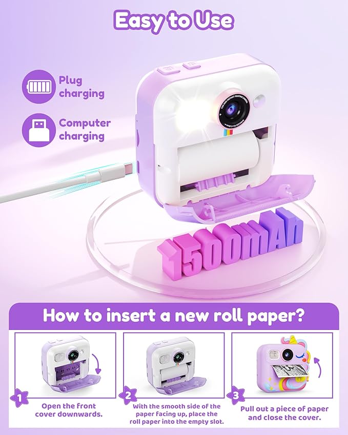 KOKODI Kids Camera Instant Print, Toddler Cameras Christmas Birthday Gifts for Girls Age 3-12, Digital Video Instant Printable Camera for Kids,Toys for Ages 5-7 Girls (Purple)