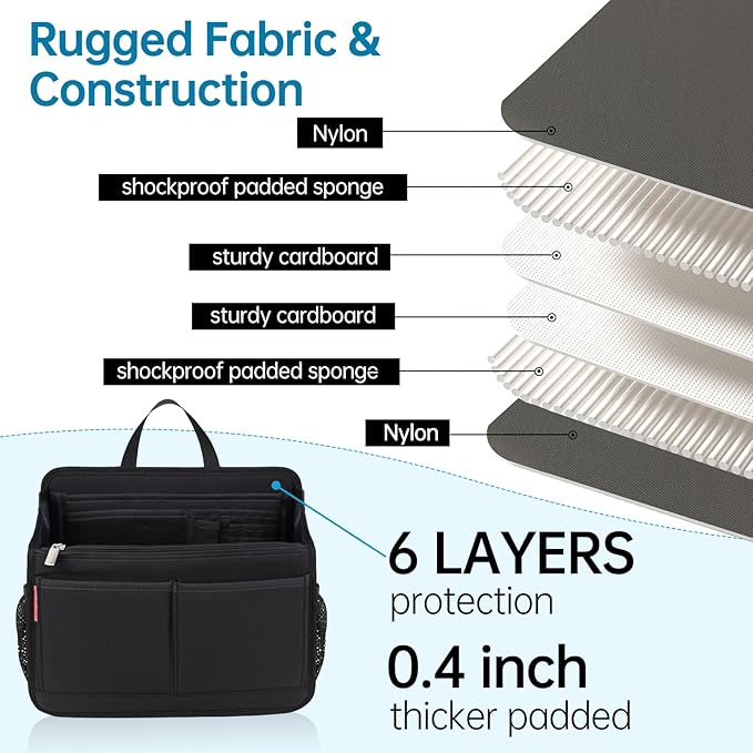 Small Rugged Organizer Insert for Briefcase Tote Shoulder Messenger Bag-19 Pockets,Durable Padded Nylon,Handle-Mix