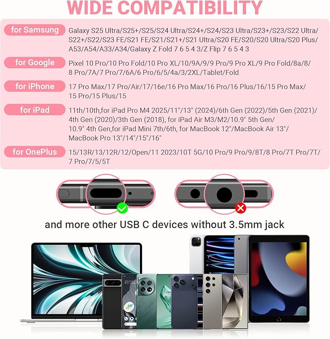 USB C Headphones for iPhone 17 Air 16 Pro Max 15, Type C Earphones with Microphone Magnet HiFi Stereo Wired Earbuds for Samsung Galaxy S26 S25 Ultra S24+ 23 A17 S21 S20 FE Flip 7 6 5/Pixel 10, Pink