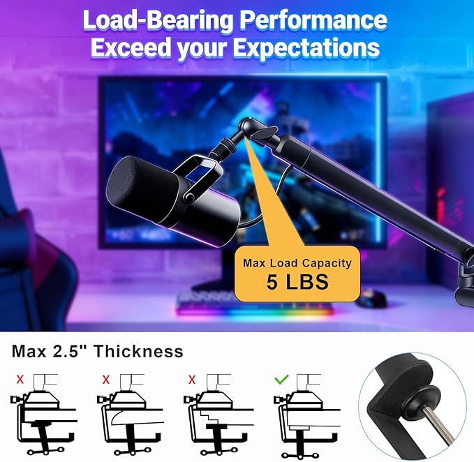 Microphone Boom Arm - Heavy Duty Low Profile Metal Mic Arm Stand with Desk Clamp & Cable Management, 360° Rotatable, Fits Shure SM7B/MV7, Blue Yeti, Fifine AM8, AT2020 for Podcasting & Gaming