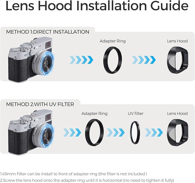 Metal Square Lens Hood (with Cover) with 49mm UV Filter Adapter Ring Compatible with for Fujifilm X100V/X100VI (Aluminum Alloy-Black)