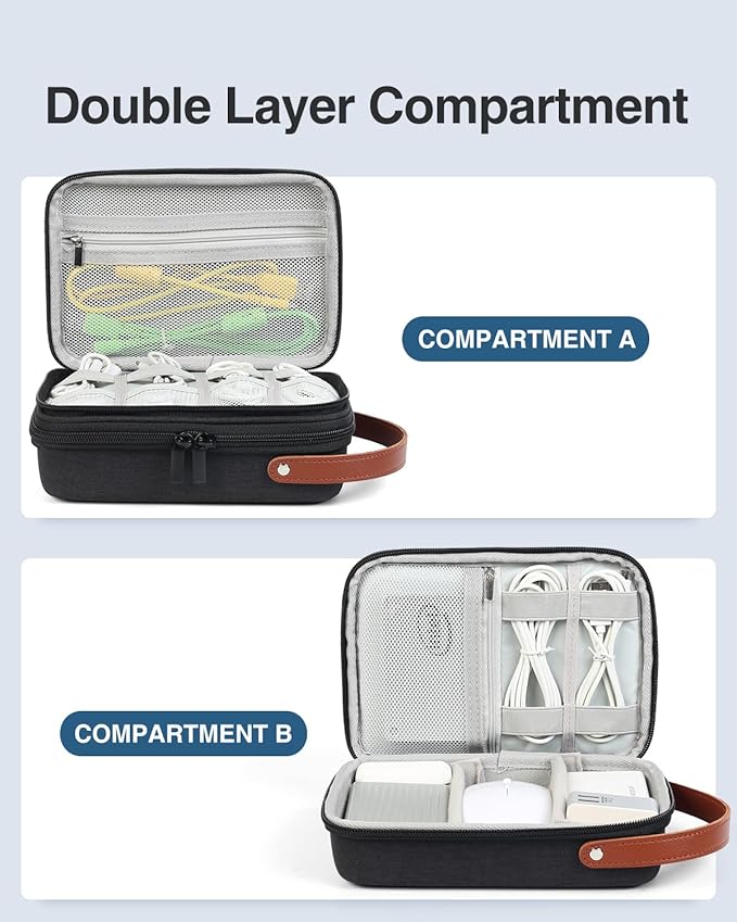 Luxtude Electronic Organizer Travel Case, Portable Tech Organizers, Hard Charger Organizer, Travel Cable Organizers, Tech Bag (Double Layer, Black, Medium)