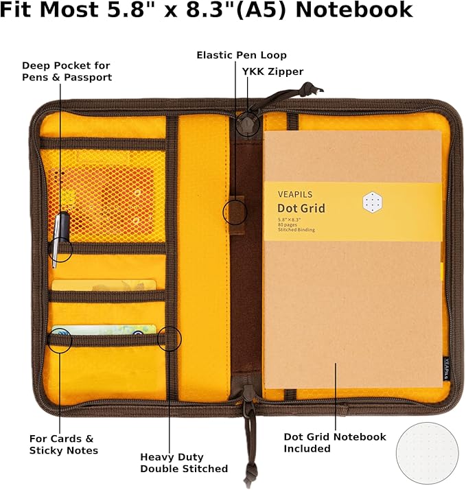 Field Journal Notebook A5 Planner Cover with Zipper, Travel Journal for Men & Women A5 Travelers Notebook Cover, Water Resistant Waxed Canvas Cover with Pen Holder, Included 5.8" x 8.3" Refillable Field Book