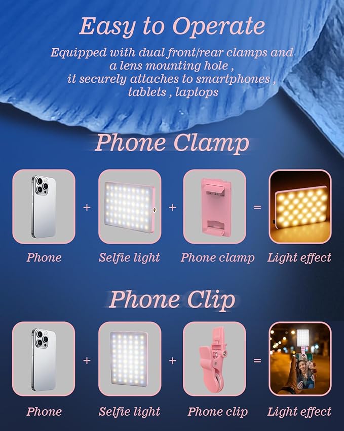 60 LED Portable Selfie Light Video Conference Lighting with Clip & Camera Tripod Adapter Rechargeable 2000mAh CRI 97+, 3 Light Modes for Phone iPhone Webcam Laptop Photo Makeup (Pastel Pink)