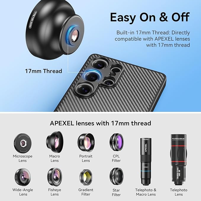 APEXEL 17mm Thread Lens Phone Case Compatible for Samsung S25 Ultra, Compatible with All Telephoto & Macro Lenses, Durable Protective Cover Black