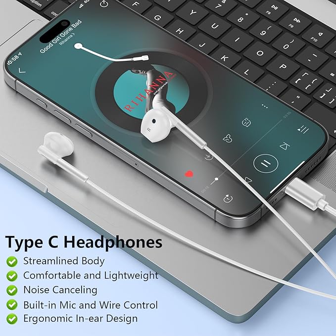 Samsung USB C Headphones for Galaxy S25 Ultra Edge S25+ S24 FE S23 S22 S21 A17 A16 A35 A54 A15, USB Type C Earphones with Microphone USB C Wired Earbuds for iPhone 16e 16 15 Pro Max iPad Pixel 9pro 8