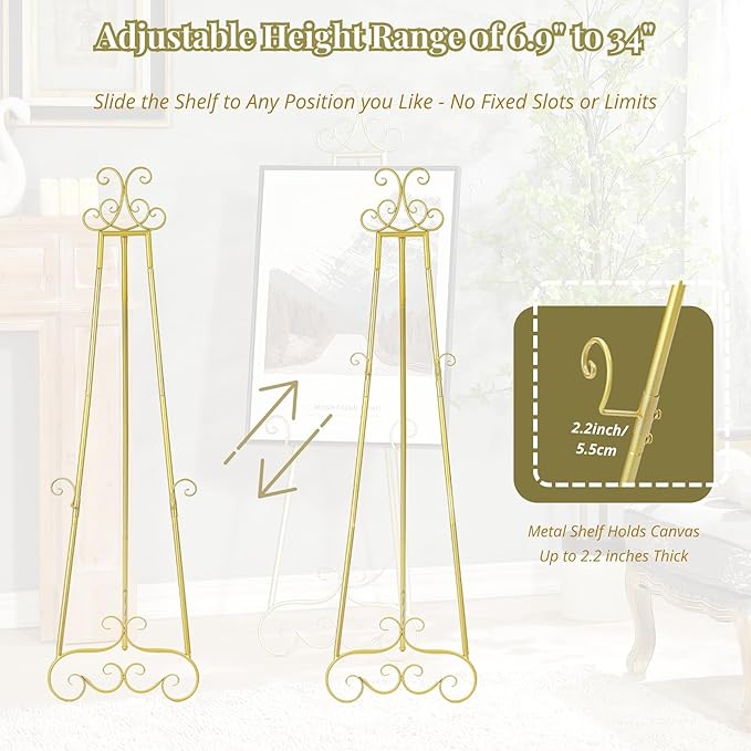 57”H Metal Easel Stand for Sign Gold, Upgrade Large Free Standing Adjustable Display Scroll Easel Stand, Heavy Duty for Mirror Pictures Wedding Holder Showcasing with Chain Support