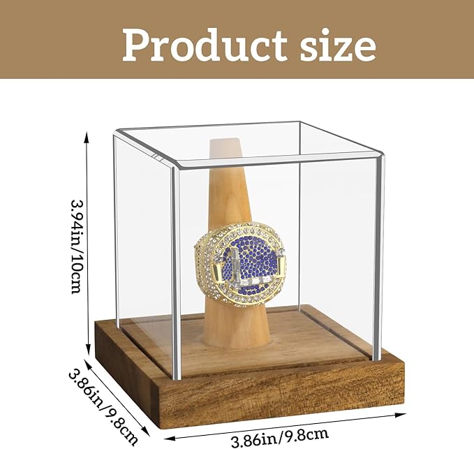 Hooqict Championship Ring Display Case Clear Acrylic Ring Case Display Box UV Protected with Wood Base Stand for Sports Baseball Basketball Softball Football Single Ring Holder Coin Stand
