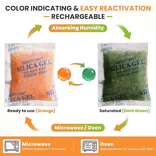 Color-Indicating Silica Gel Packets, 5g (50 Pack), Food-Grade Reusable Desiccant Moisture Absorbers for Food Storage, Closets, Electronics