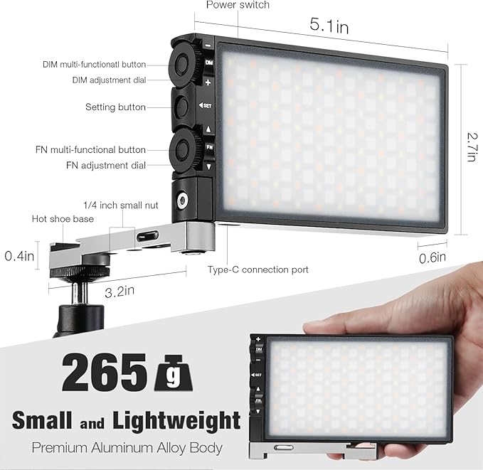 Pixel G1s RGB Video Light with APP Control, 12W 6400mAh 210 Minutes Rechargeable Battery LED Camera Light, 10 Common Lighting Effects, CRI≥97 2500-8500K LED Video Light with Aluminum Alloy Body