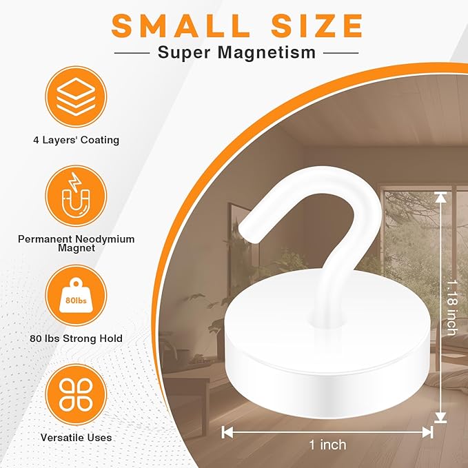Neosmuk Magnetic Hooks, Cruise Ship Essentials, 80lb+ Heavy Duty Magnetic Hooks for Cruise Cabins, Refrigerator, Grill, Hanging, and Travel | Extra Strong Must-Haves Magnet Hook,White, 5 Pack