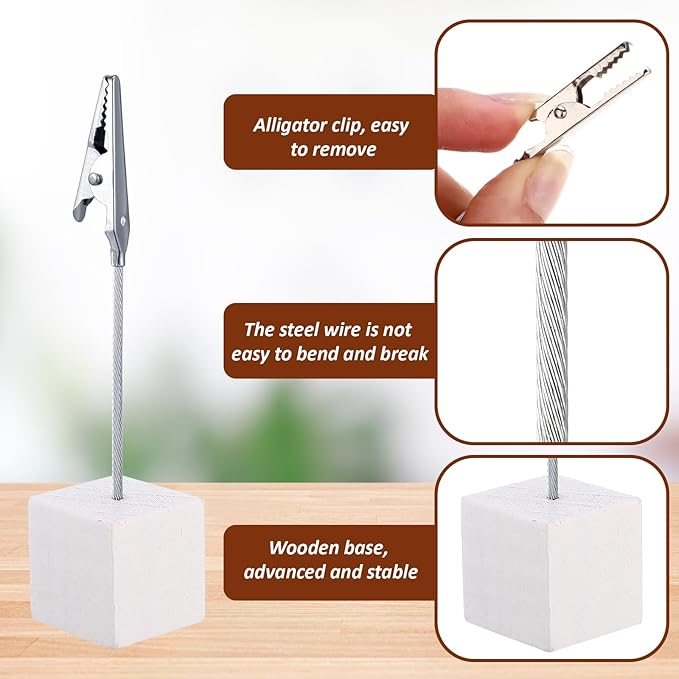 Gersoniel 100 Pcs Cube Base Memo Clip Holder with Alligator Clip Wood Table Number Holder Cube Base Place Card Stand Mini Photo Menu Stand for Displaying Number Card (White)