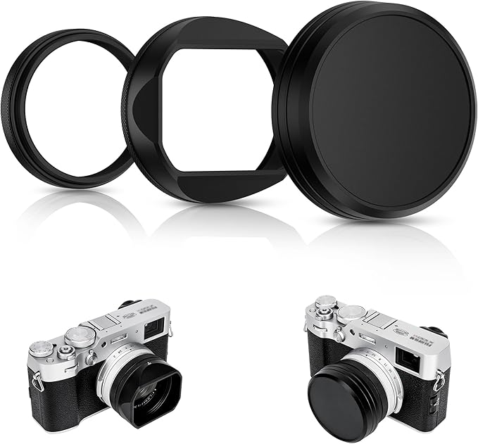 Square Metal X100VI Lens Hood with Hood Cap & 49mm Filter Adapter Ring, Protective Cover Lens Shade Protector for Fujifilm Fuji X100VI X100V Camera, Block Stray Light (No Filter Included) -Black