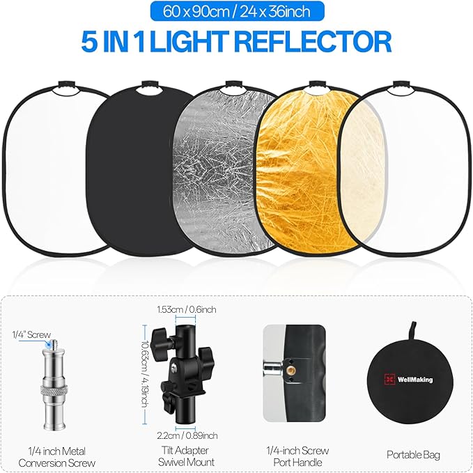 WELLMAKING 24'' x 36'' (60 x 90cm) Photography Reflector 5-in-1 Collapsible Light Reflector with Bag & tilt Adapter, Portable Light Reflector Photography Panel for Studio Video & Outdoor Lighting