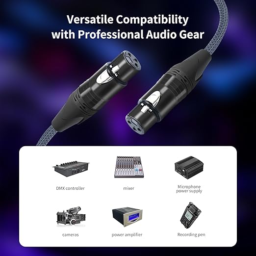 2 Pack 3Pin Female to Female Balance Audio Cable,110 ohm 3-Pin Mic Patch Cables,XLR Female DMX Cable Patch Cords for Audio and Sound Equipments-10Feet