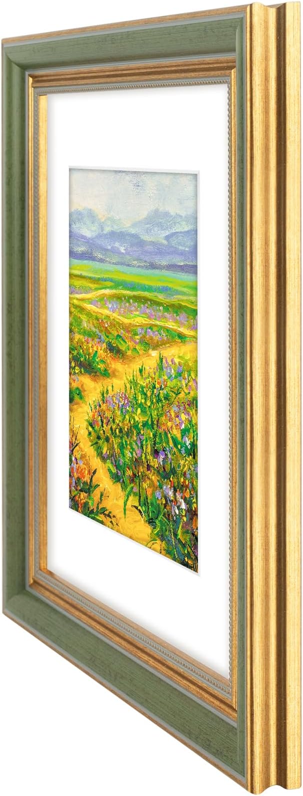 Golden State Art,9x12 Ornate Picture Frame for 6x8 Photo with Mat or 9 x 12 Prints without Mat, Real Glass Wall Display Horizontally or Vertically (Color:Green Gold)