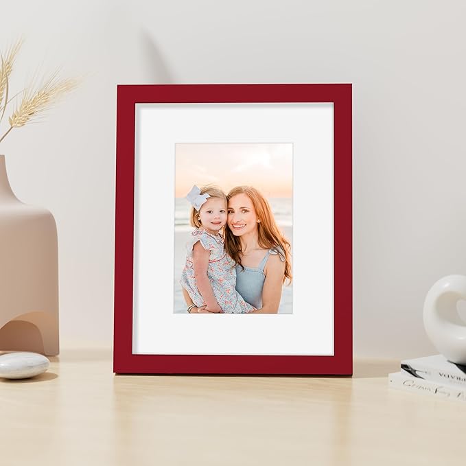Vittanly 8x10 Picture Frame, Made of Solid Wood and Shatterproof Plexiglass, Display Pictures 5x7 with Mat or 8x10 without Mat, Wooden Photo Frame for Wall Mounting or Tabletop Display, Red, 1 Pack