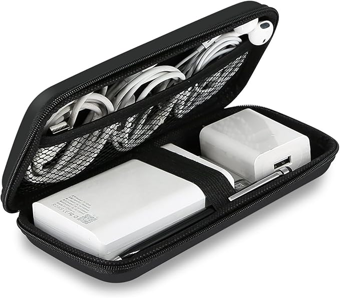 iMangoo Travel Essentials Electronics Organizer Charger Case Portable Dual Zipper Shockproof Pouch Tech Purse Cord Cable Pouches Power Bank Storage Accessories Bag for Women Men,6.5x3.2x1 Black