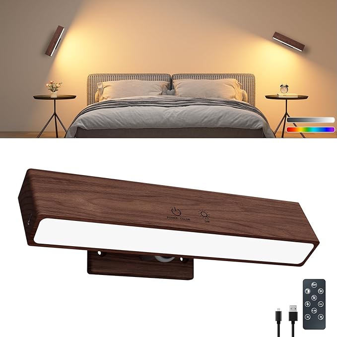 Rechargeable Wood Wall Sconce with Remote & Touch, 5200mAh Battery Operated Wall Lights 3 Color Temperatures & RGB. Magnetic, Stick-On, Dimmable Wall Reading Lamp for Bedroom, Living Room, Picture