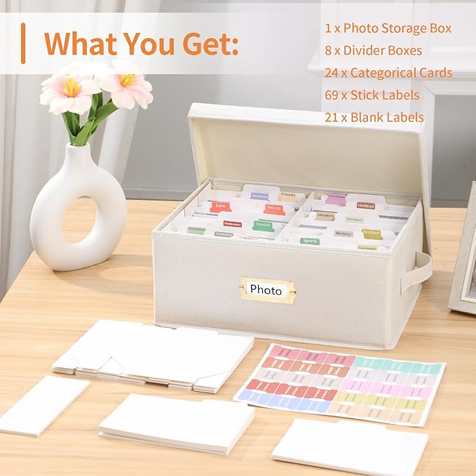 Aokeyee Decorative Linen Photo Storage Box - Holds 1700 4x6 Pictures, Memory Keepsakes Organizer with Dividers
